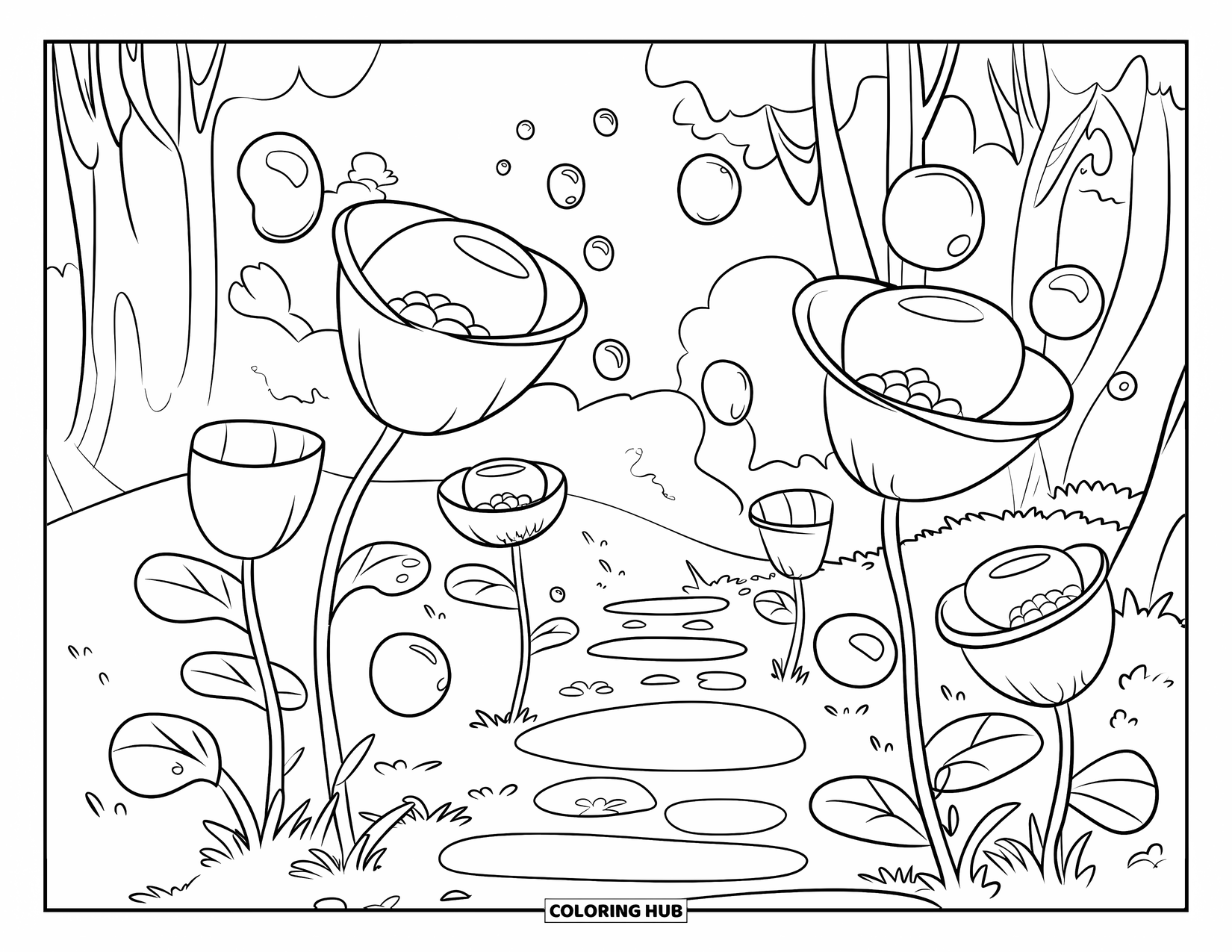 Bubble Coloring Page for Kids: Whimsical garden with bubble flowers releasing tiny bubbles along a path to a distant castle