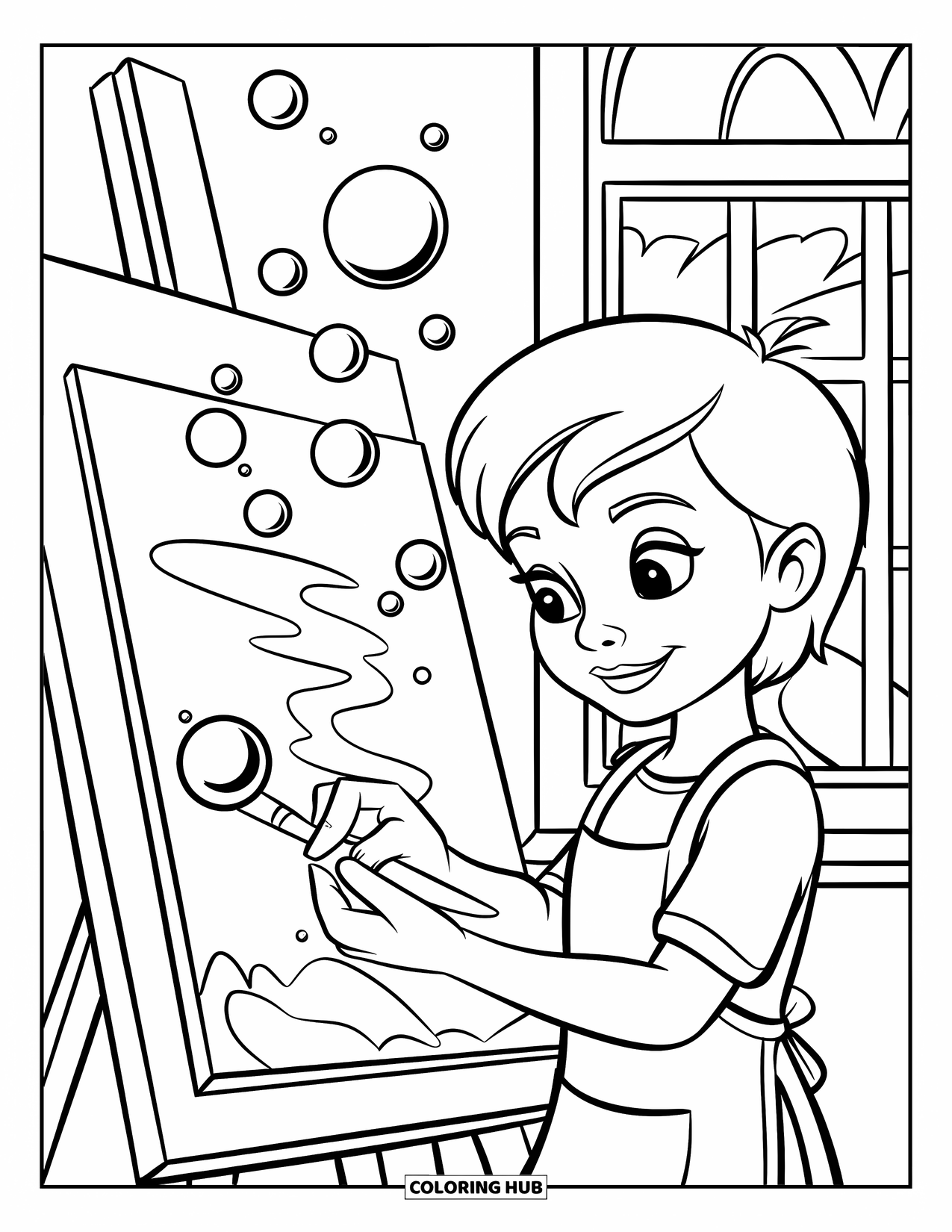 Bubble Coloring Page for Kids: Young artist paints a canvas as bubbles form gently above the artwork