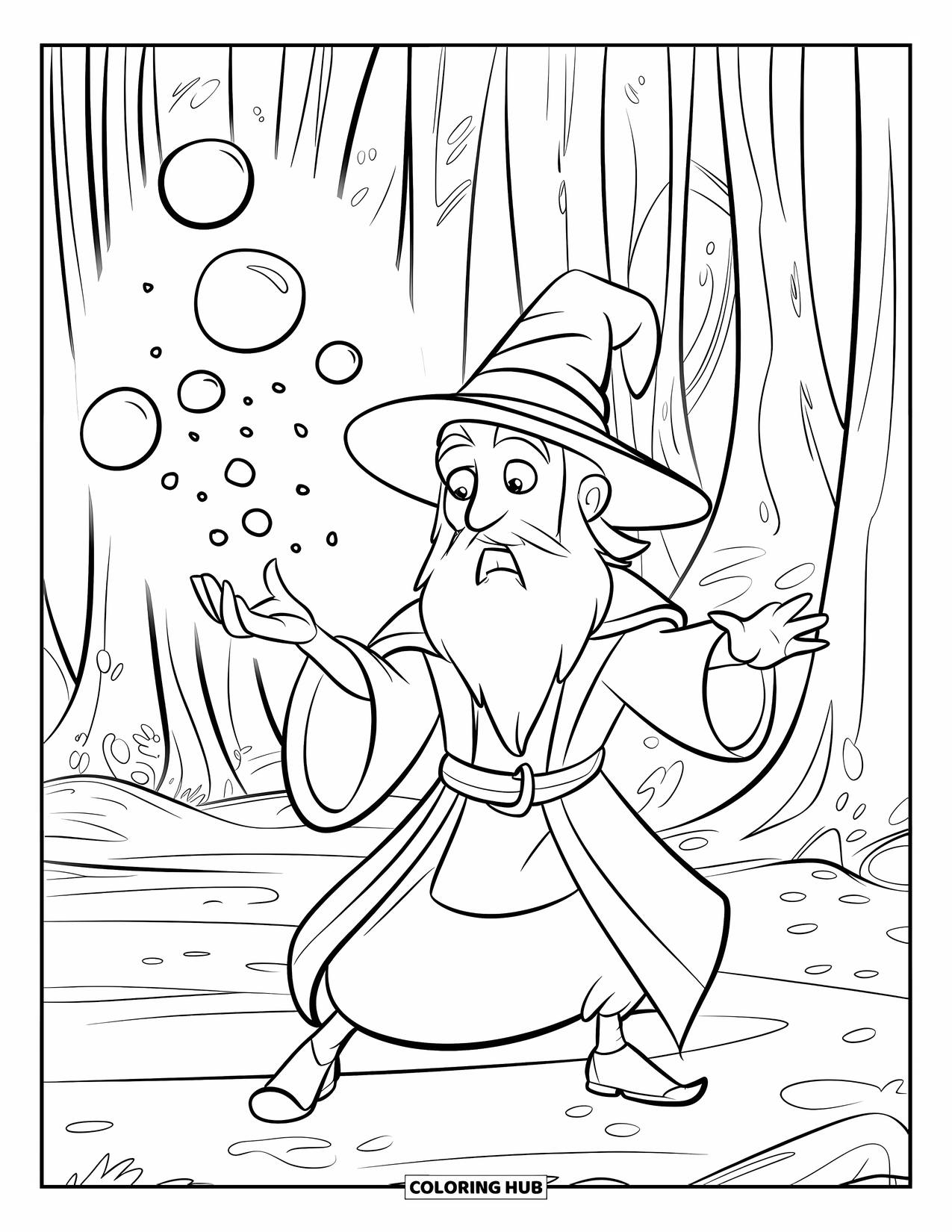 Bubble Coloring Page for Kids: Young wizard casts a spell as magical bubbles float through a forest