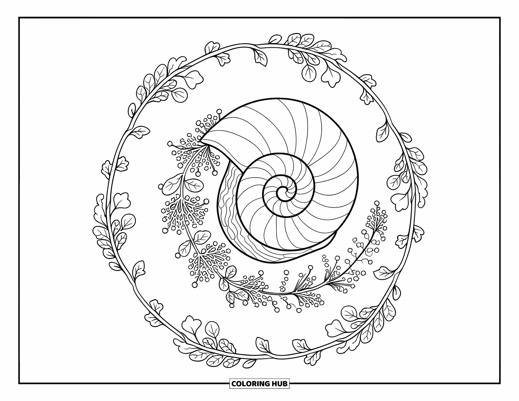 Bug Coloring Page for Adults: A botanical mandala swirls around a snail shell with herbs and flowers