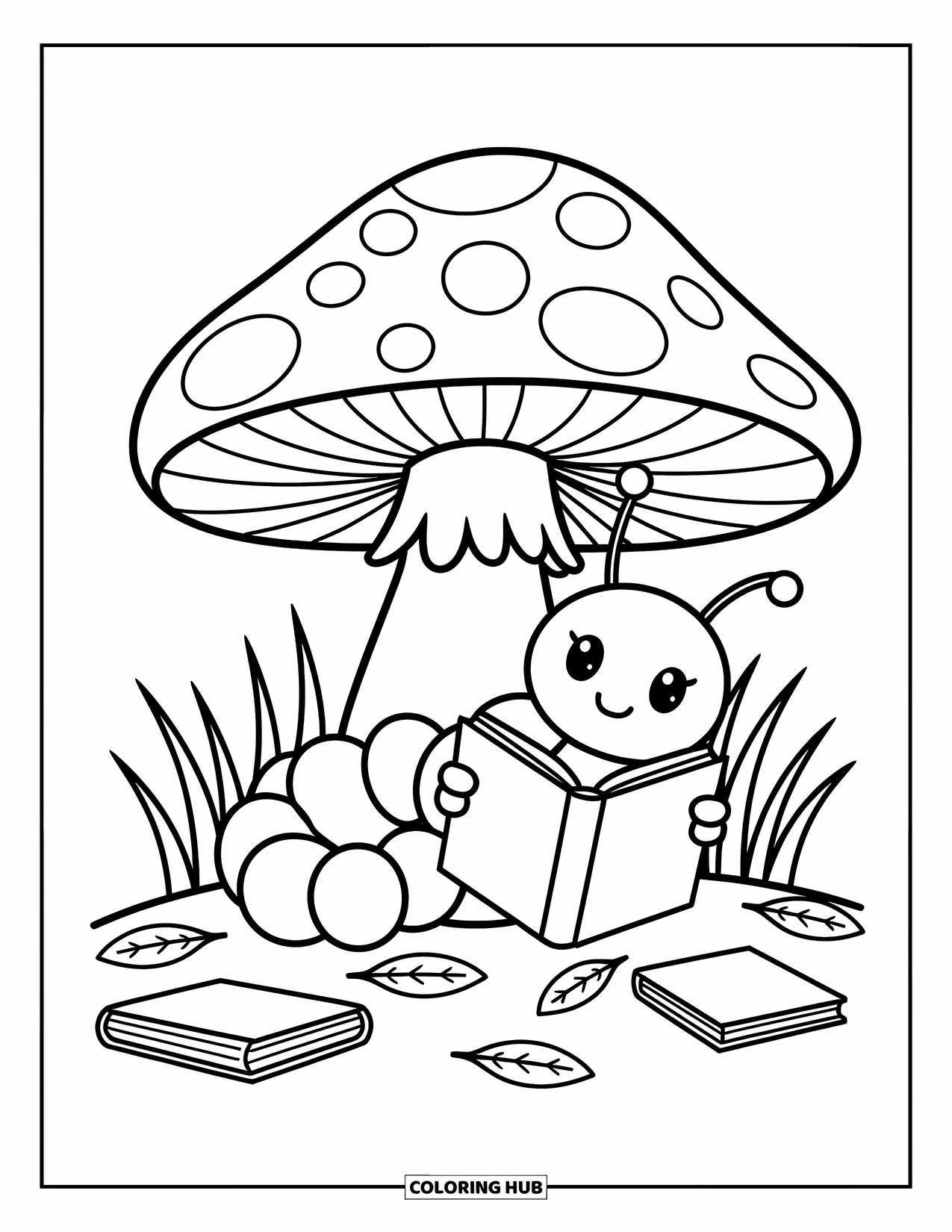 Bug Coloring Page for Adults: A caterpillar reads calmly under a mushroom surrounded by books and fallen leaves