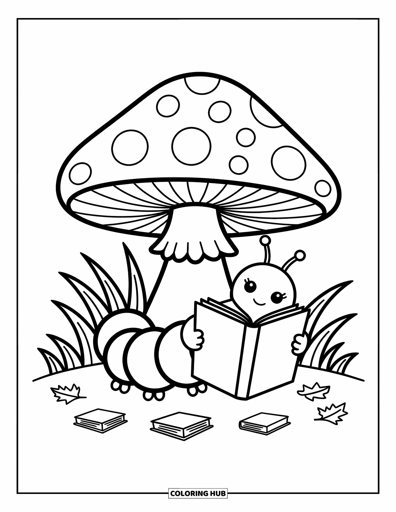 Bug Coloring Page for Adults: A cozy caterpillar reads a book beneath a large mushroom on the grass