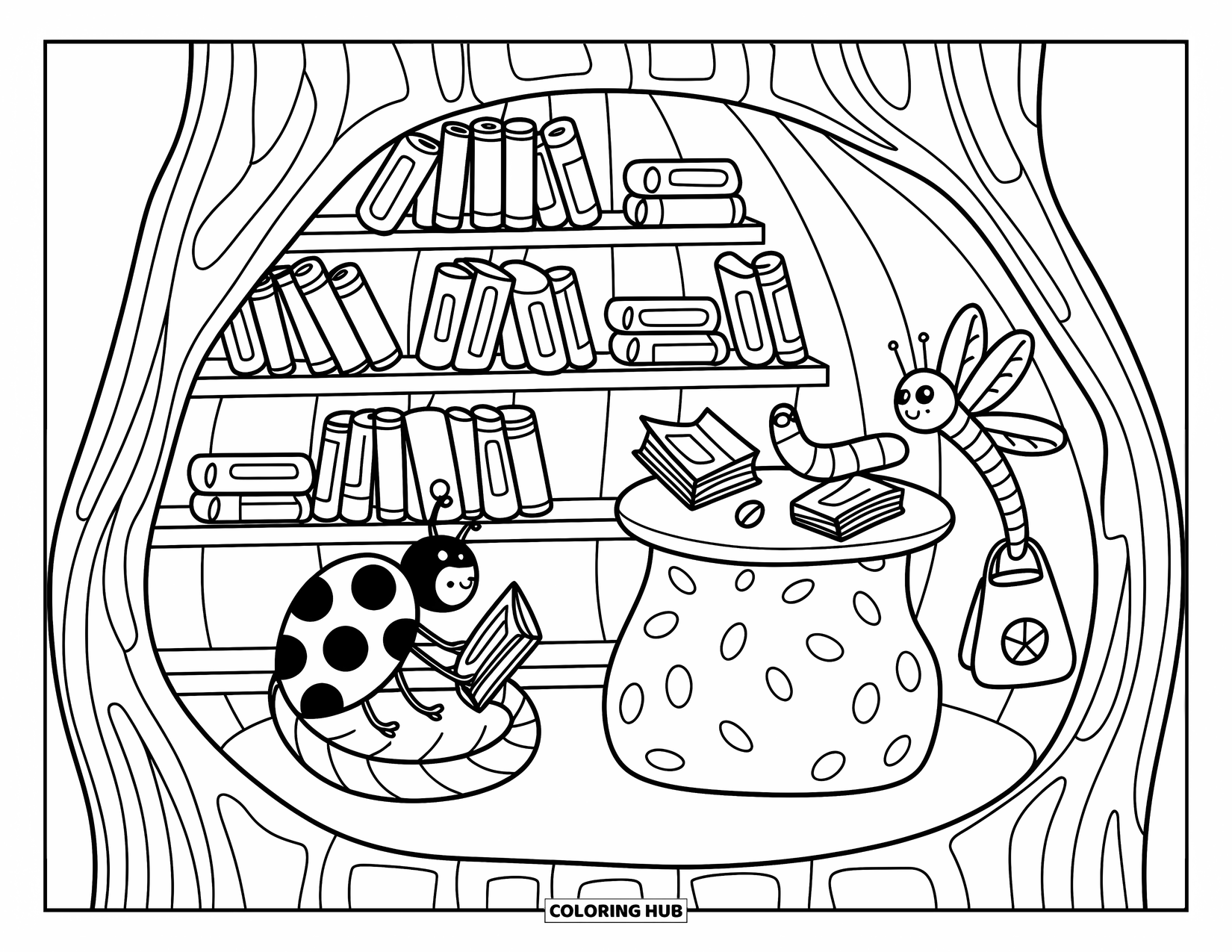 Bug Coloring Page for Adults: A ladybug, worm, and dragonfly explore a cozy book nook inside a tree stump