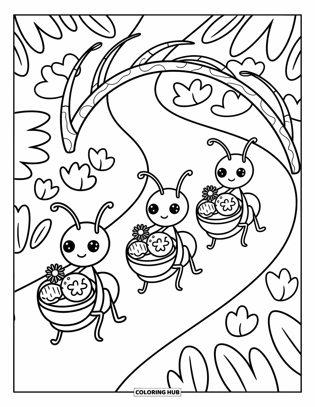 Bug Coloring Page for Adults: Ants carry tiny treats as they march beneath a twig bridge on a forest trail
