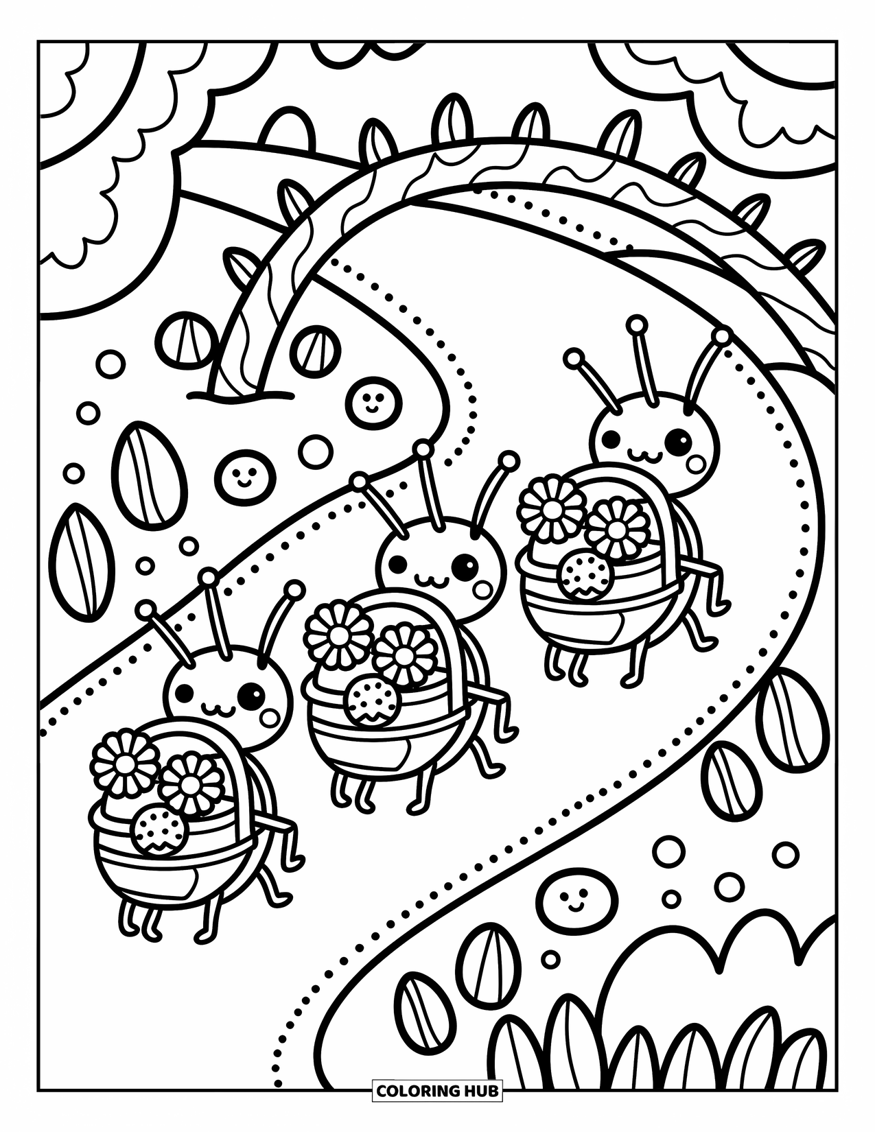Bug Coloring Page for Adults: Cute ants march with baked goods beneath a tiny bridge on a cozy trail