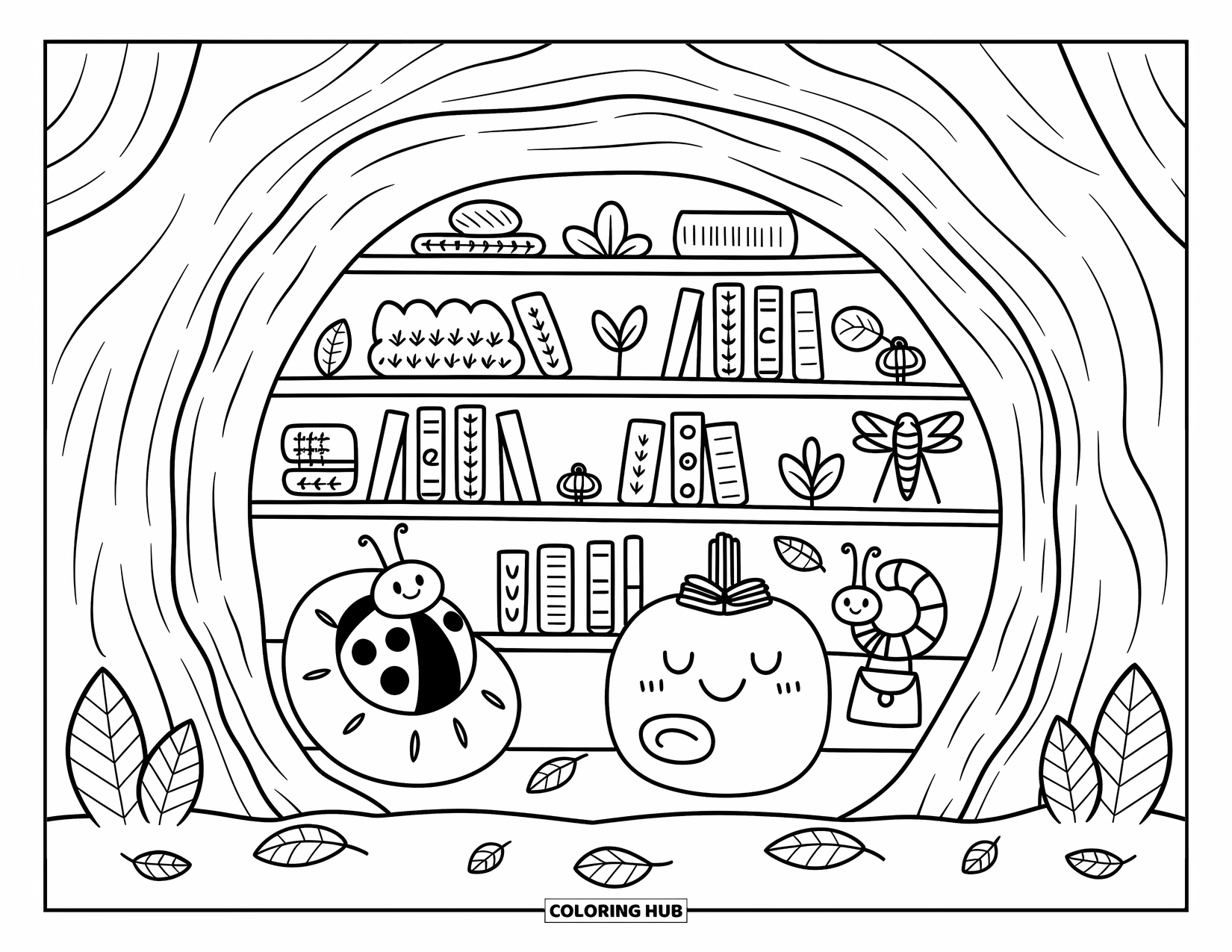 Bug Coloring Page for Adults: Cute bugs read and chat in a tiny tree stump library full of charm