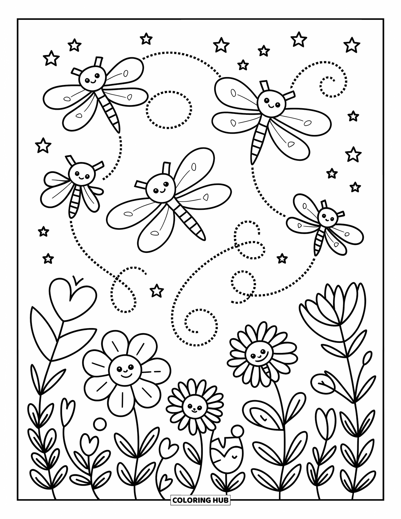 Bug Coloring Page for Adults: Fireflies trace glowing loops above flowers while a beetle peeks from behind a daisy