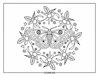 Kolorowanka z owadami dla dorosłych: Księżycowe kwiaty i gwiazdy spiralnie otaczają ćmę w tej marzycielskiej niebiańskiej mandali