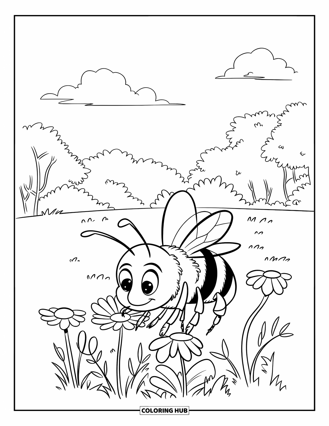 Bug Coloring Page for Kids: A bee buzzes over a patch of flowers surrounded by trees and sky