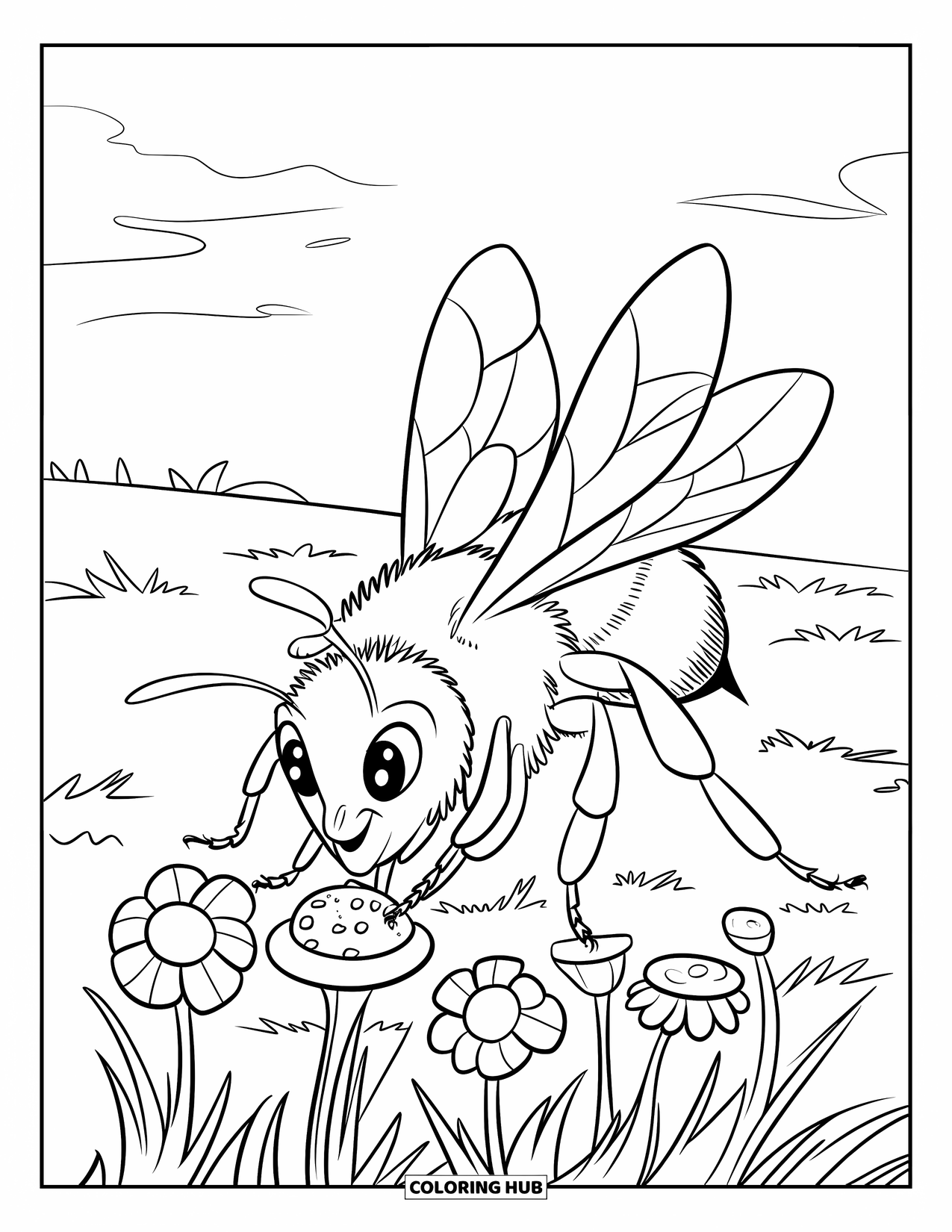 Bug Coloring Page for Kids: A busy bee flies through a flower field beneath a quiet sky
