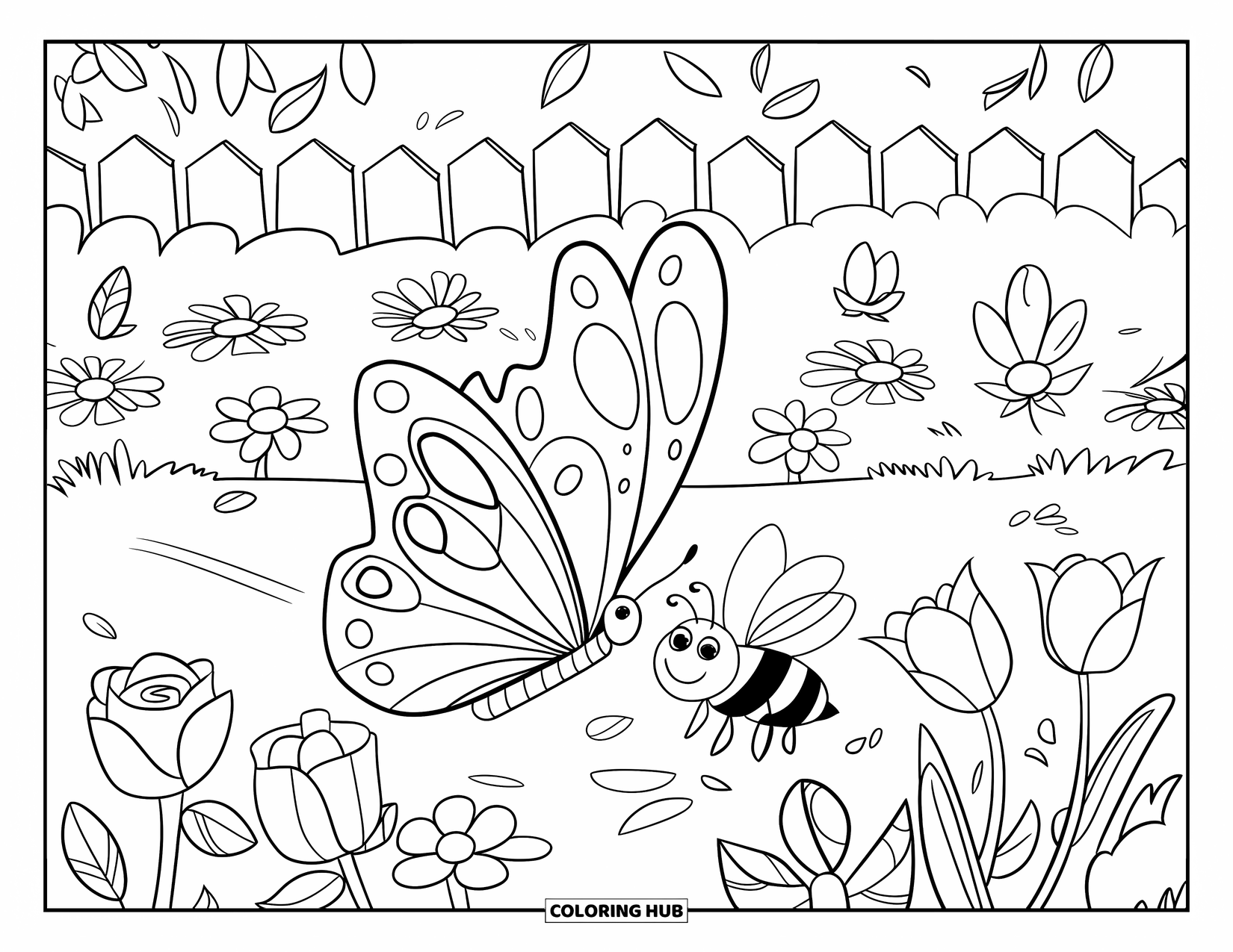 Bug Coloring Page for Kids: A butterfly and bee meet in a garden full of roses, daisies, and tulips