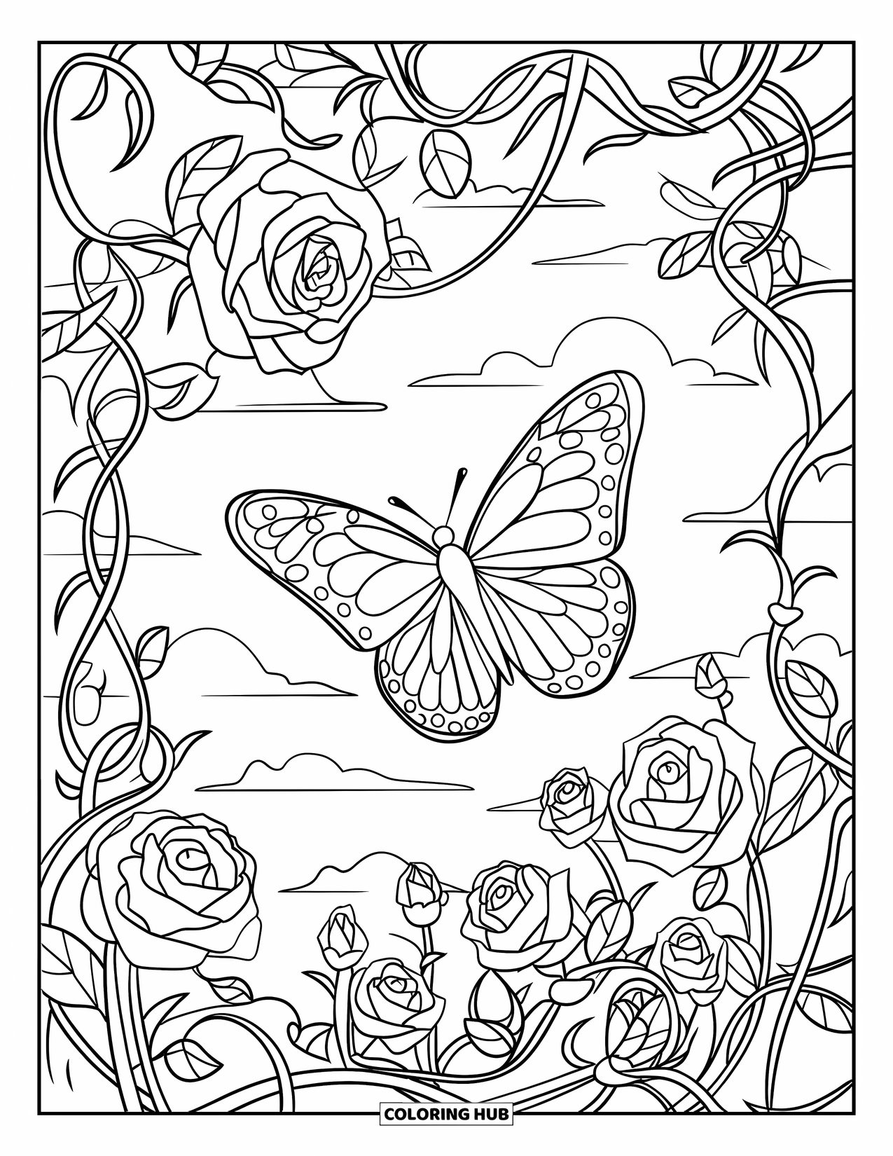 Bug Coloring Page for Kids: A butterfly flutters through a magical maze of roses and swirling vines