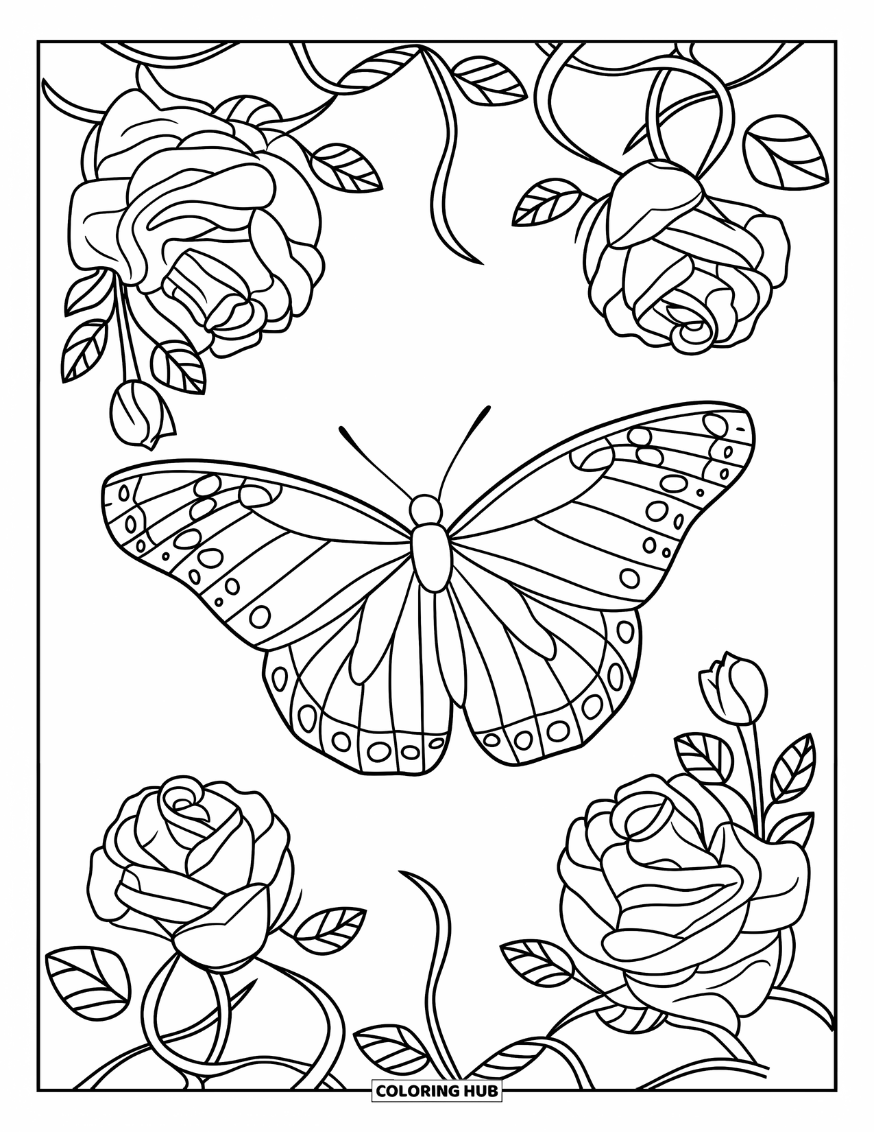 Bug Coloring Page for Kids: A butterfly glides through roses and vines in a peaceful garden maze