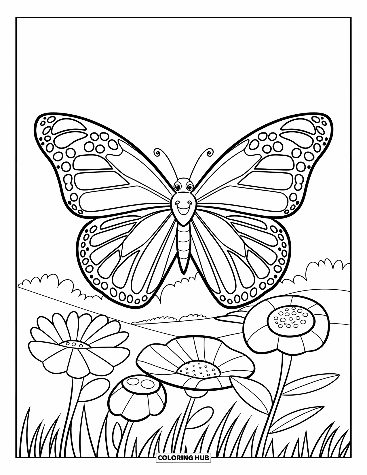 Bug Coloring Page for Kids: A cheerful butterfly with big wings flies above flowers in a sunny meadow