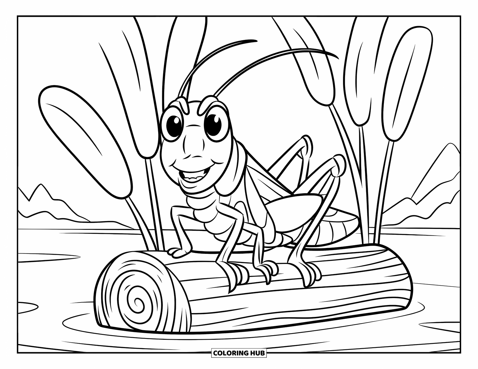Bug Coloring Page for Kids: A cheerful grasshopper sits on a log with mountain peaks behind it