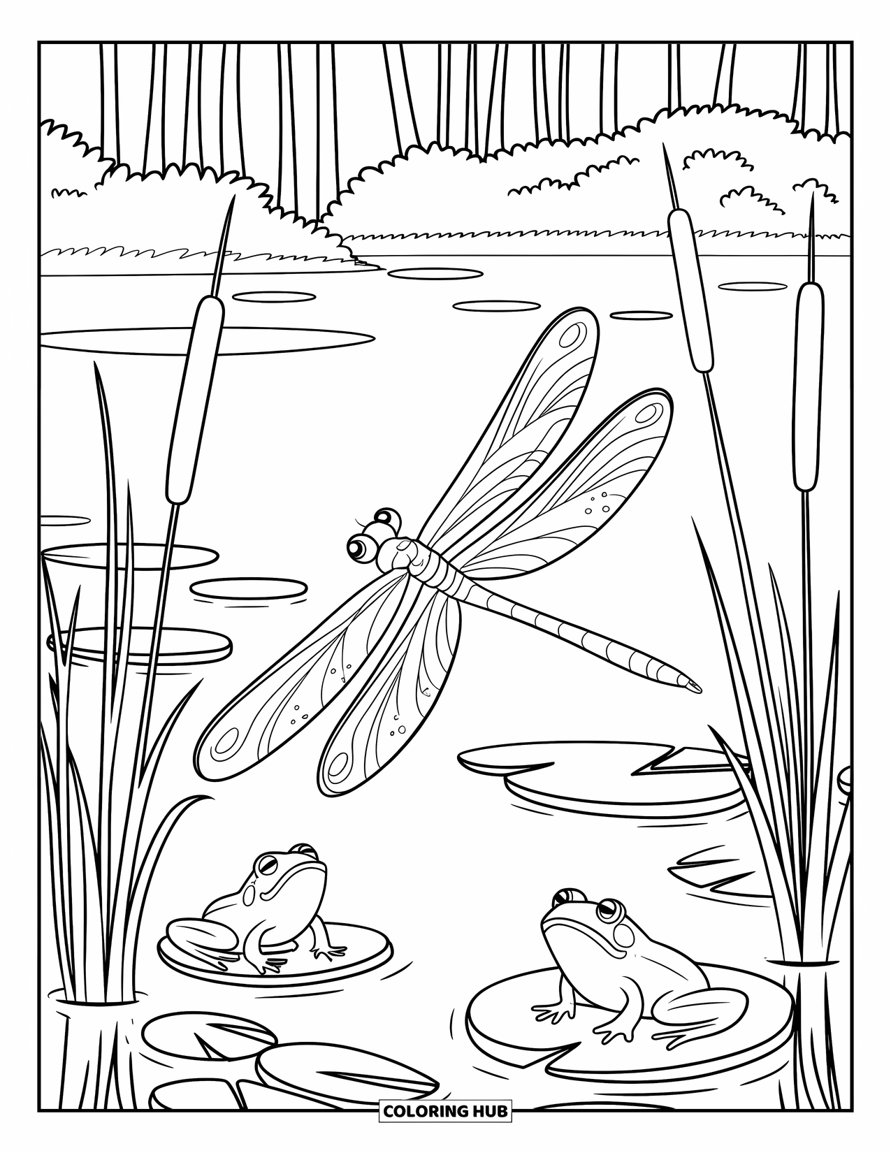 Bug Coloring Page for Kids: A dragonfly with patterned wings flies above frogs on a lily pad