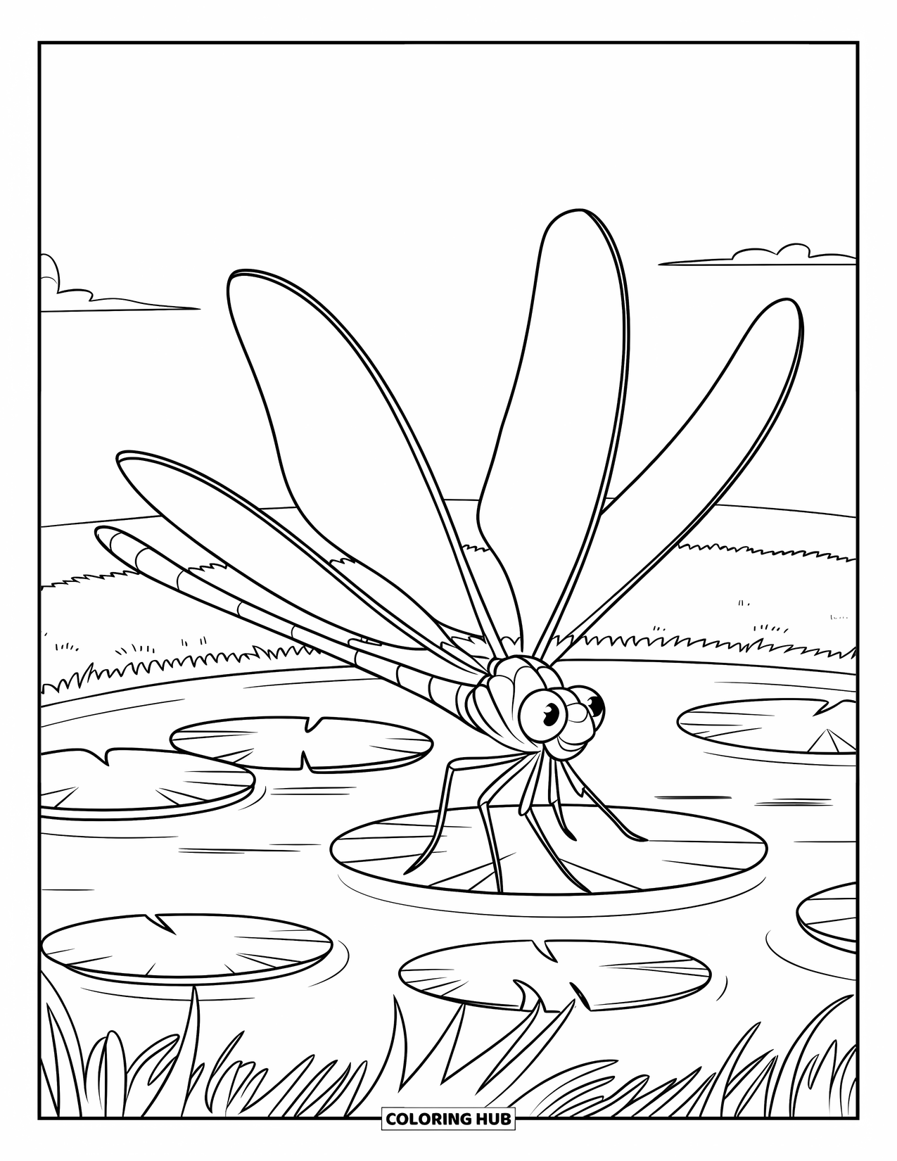 Bug Coloring Page for Kids: A dragonfly with wide wings perches on a lily pad in the pond