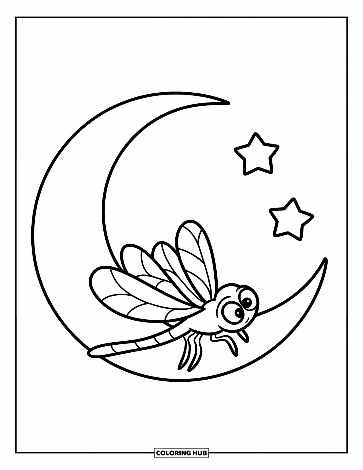 Bug Coloring Page for Kids: A firefly flies under a crescent moon and two stars in the night sky
