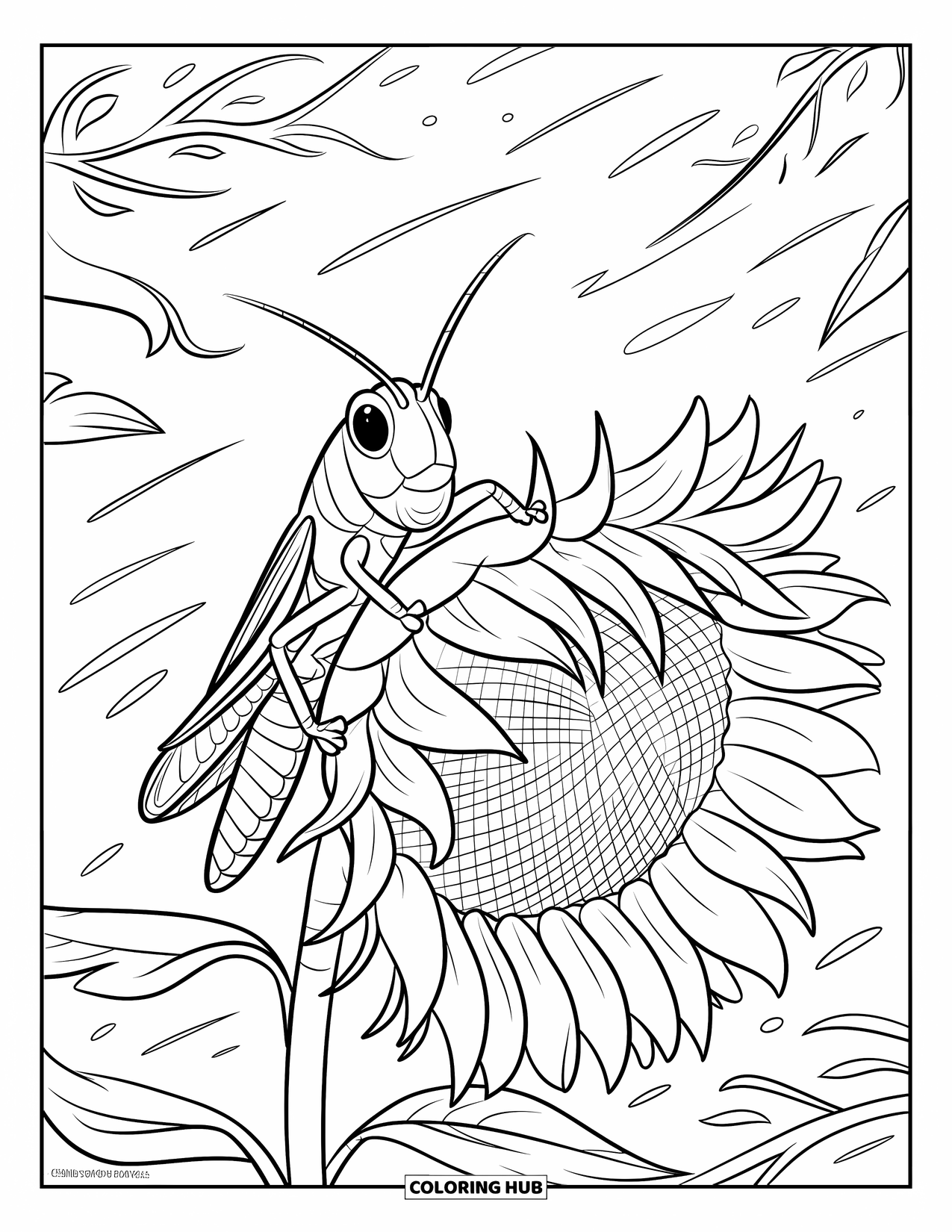 Bug Coloring Page for Kids: A grasshopper grips a sunflower as its petals swirl in the wind