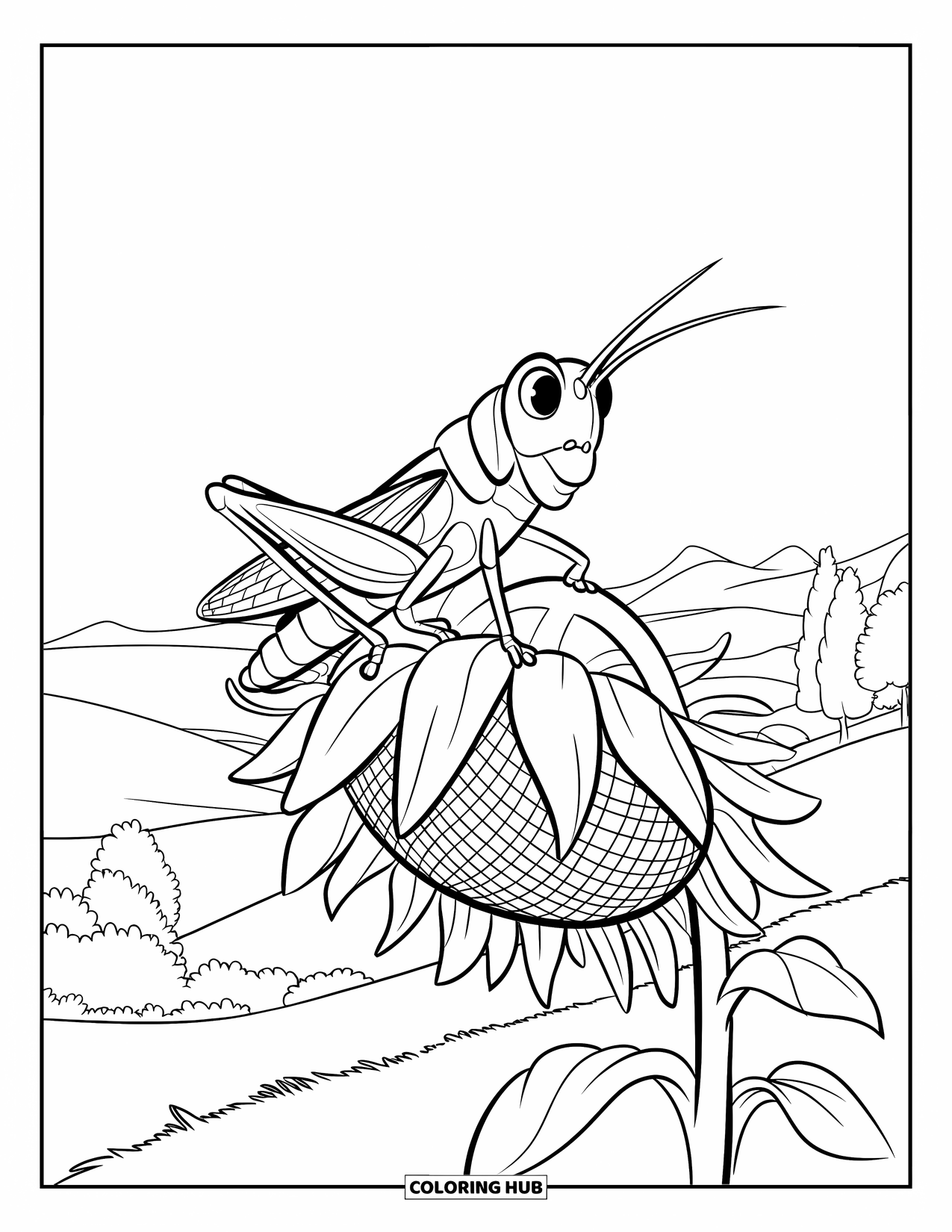 Bug Coloring Page for Kids: A grasshopper holds tight to a tilting sunflower on a breezy day