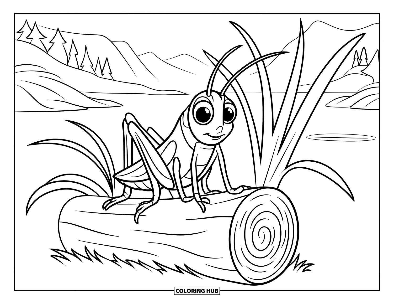 Bug Coloring Page for Kids: A grasshopper in a hat rests on a log surrounded by trees and mountains