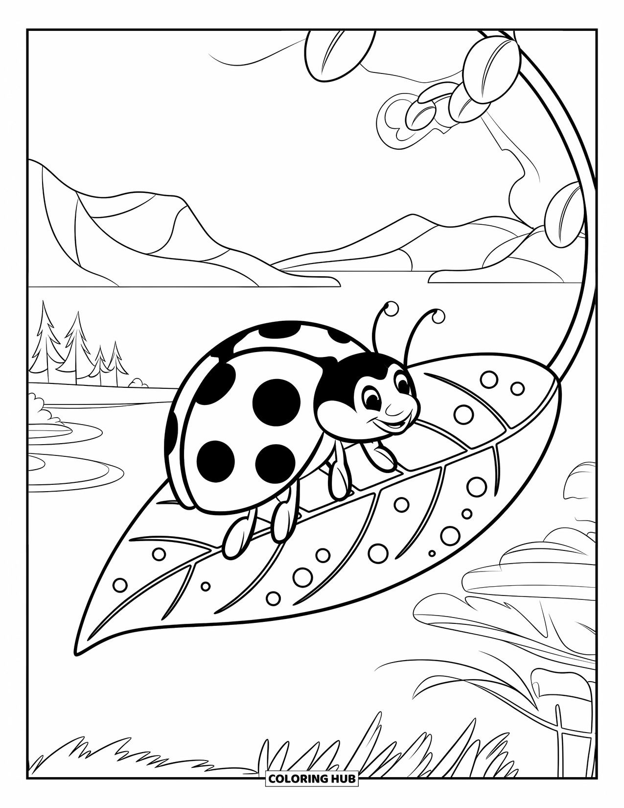 Bug Coloring Page for Kids: A ladybug lifts off from a leaf covered in tiny water drops