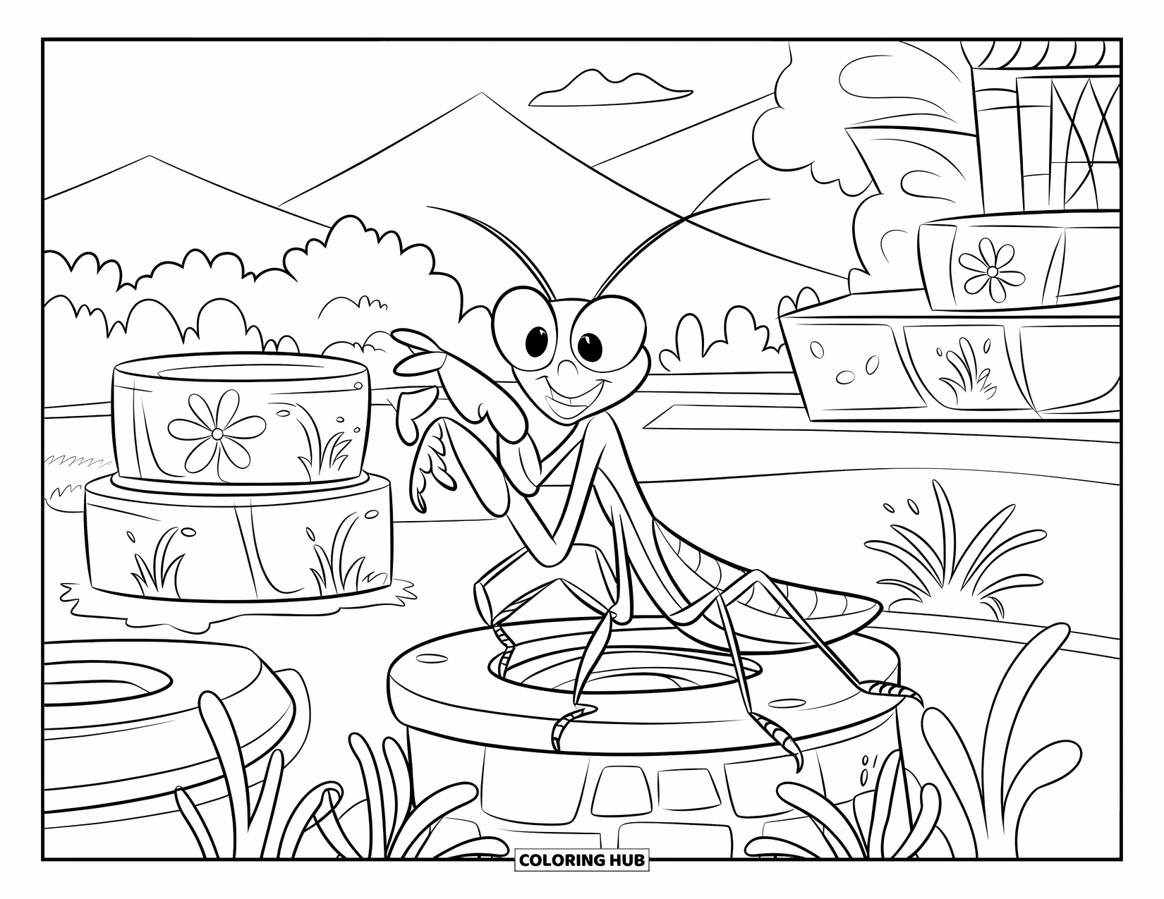 Bug Coloring Page for Kids: A mantis in a tiny hat explores a quiet stone garden with flower carvings