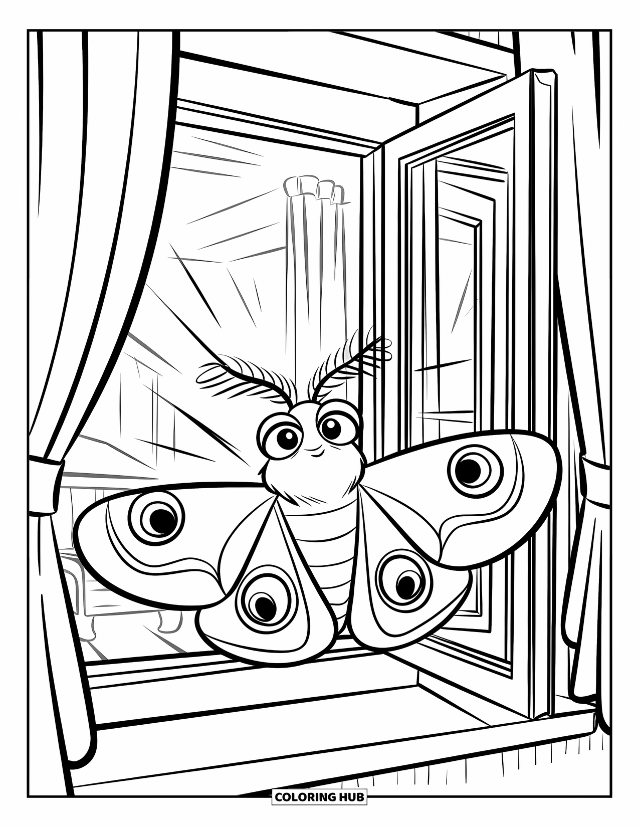 Bug Coloring Page for Kids: A moth flaps near an open window as the breeze flows through a cozy room