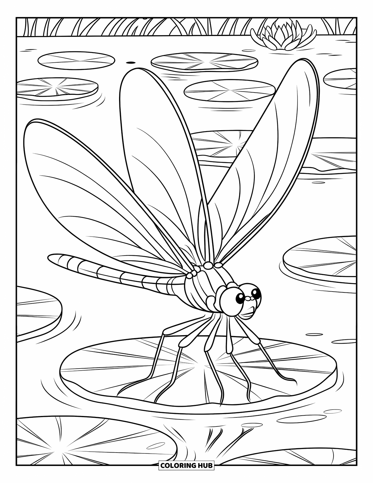 Bug Coloring Page for Kids: A round-bodied dragonfly rests on a pond surrounded by lilies