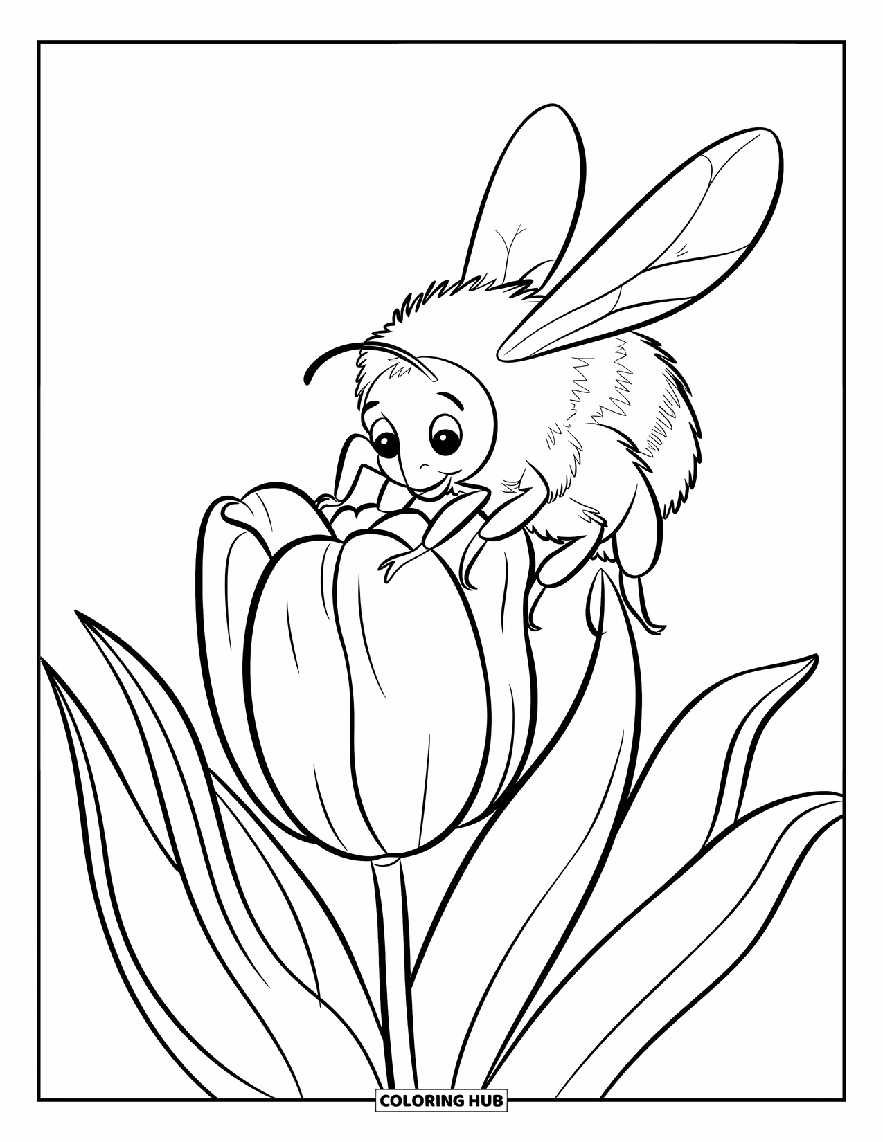 Bug Coloring Page for Kids: A round bumblebee hovers above a blooming tulip in a quiet field