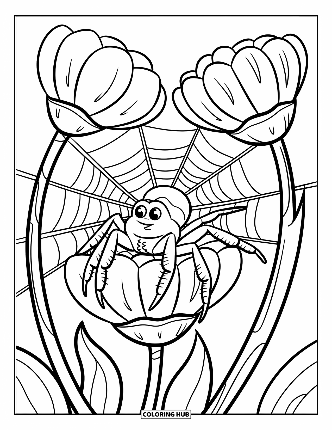 Bug Coloring Page for Kids: A spider sits on a flower stem, weaving a web in a clean, simple garden