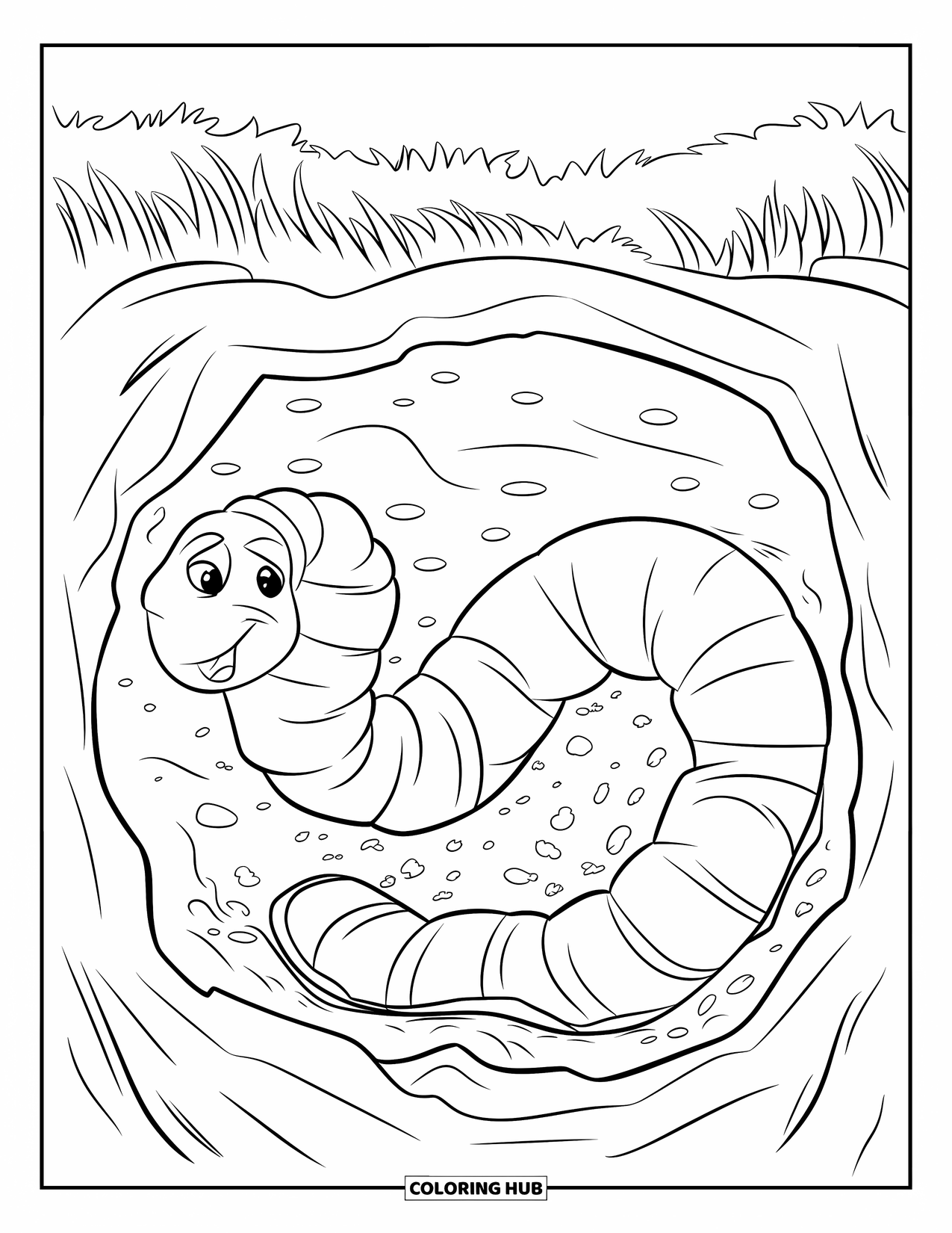 Bug Coloring Page for Kids: A worm tunnels through soil, showing the layers of earth and hidden life