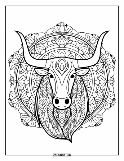 Desenho de touro para colorir para adultos: Uma cabeça de touro com detalhes de folhas fica dentro de uma mandala circular cheia de flores