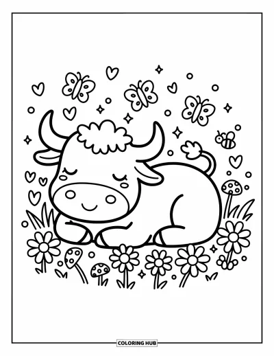 Desenho de touro para colorir para adultos: Um touro repousa tranquilamente sobre trevo com borboletas e corações flutuando pelo ar