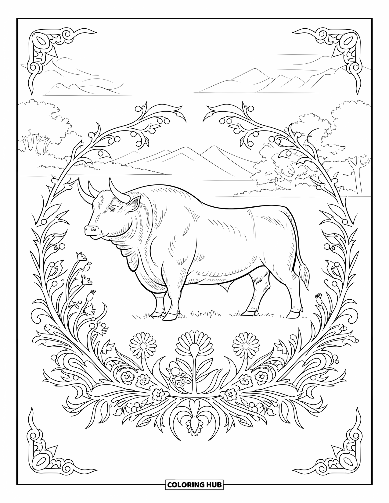 Bull Coloring Page for Adults: A bull stands in a circular design of wildflowers, vines, and a peaceful background