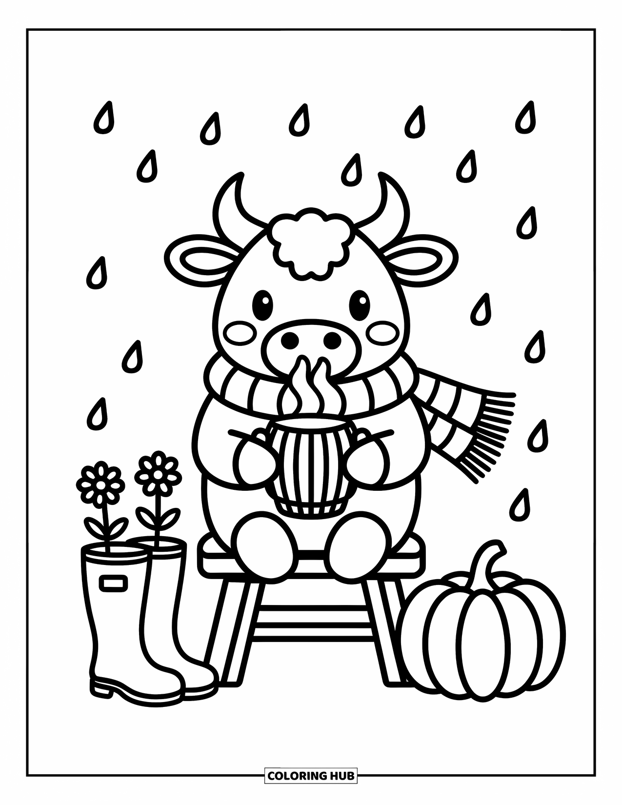 Bull Coloring Page for Adults: A bull with a scarf relaxes with a warm drink on a rainy porch scene