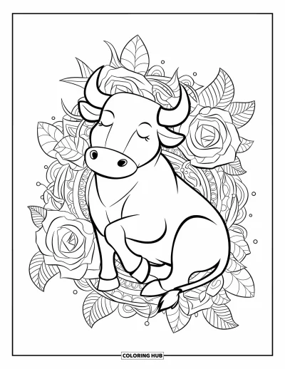 Desenho de touro para colorir para adultos: Um touro de olhos fechados senta calmamente em um arranjo de rosas e folhas com padrões de mandala