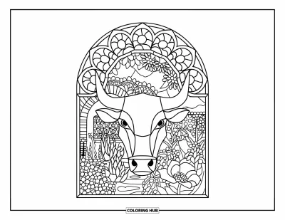 Desenho de touro para colorir para adultos: O rosto de um touro está centralizado em uma janela de vitral rodeada por um jardim e um arco