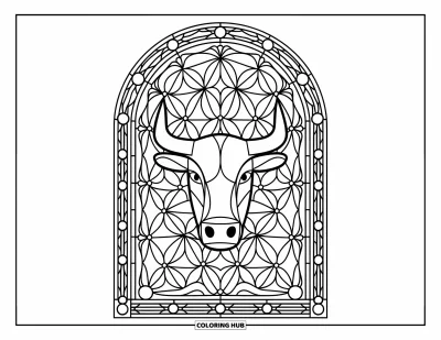 Desenho de touro para colorir para adultos: O rosto de um touro é emoldurado em uma janela de vitral floral com uma borda decorativa