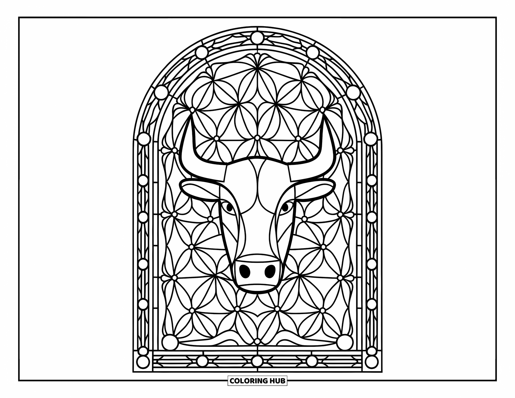 Bull Coloring Page for Adults: A bull's face is framed in a floral stained glass window with a decorative border