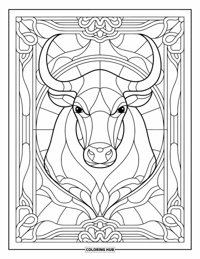 Desenho de touro para colorir para adultos: O rosto de um touro fica dentro de uma janela de vitral com detalhes em espiral e molduras florais