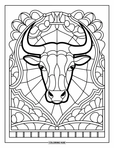 Desenho de touro para colorir para adultos: Uma cabeça de touro calma é emoldurada em vitral com designs e bordas intrincados
