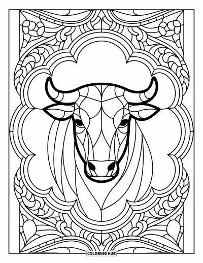 Desenho de touro para colorir para adultos: Uma cabeça de touro serena fica em uma moldura de vitral preenchida com padrões detalhados