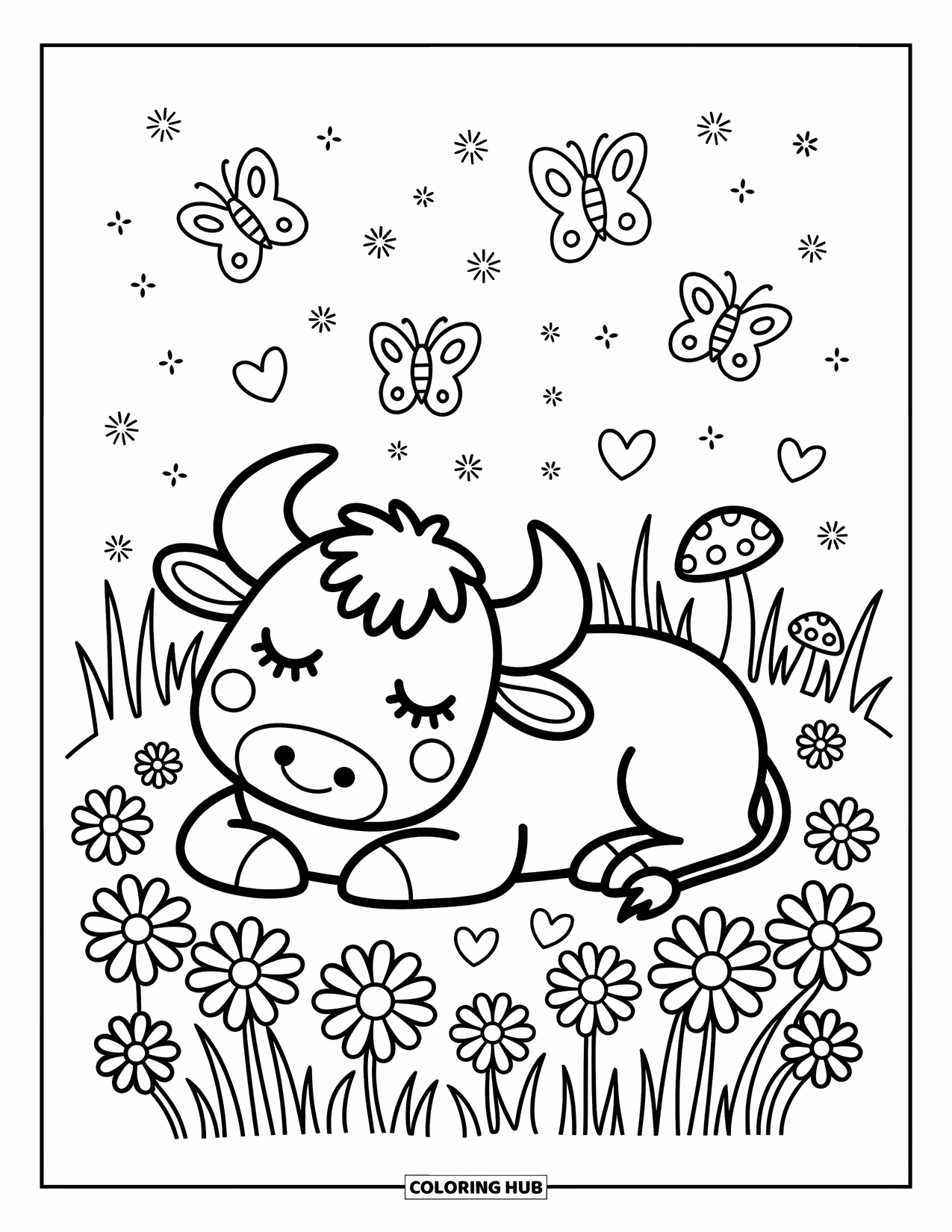 Bull Coloring Page for Adults: A calm bull rests on flowers with butterflies, hearts, and mushrooms around