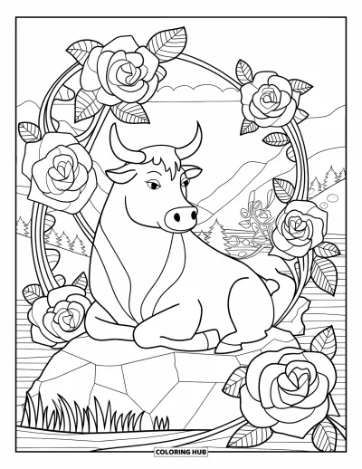 Desenho de touro para colorir para adultos: Um touro calmo senta sobre uma pedra cercado de rosas, folhas e uma vista de montanha