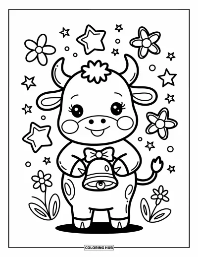 Desenho de touro para colorir para adultos: Um touro alegre segura um sino com laço enquanto está cercado de estrelas flutuantes e florzinhas
