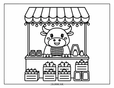 Desenho de touro para colorir para adultos: Um touro animado com cachecol fica em uma feirinha cheia de maçãs e mel