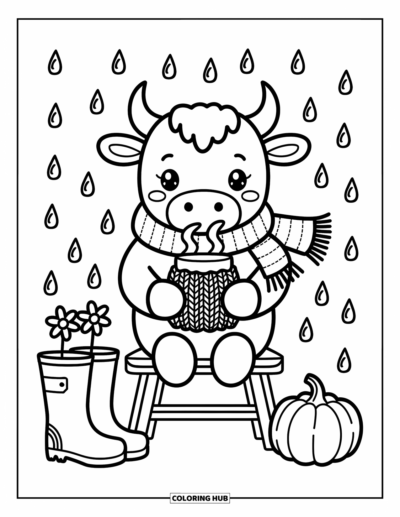 Bull Coloring Page for Adults: A cozy bull holds a steaming cup while sitting on a porch with tiny fall items