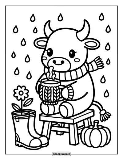 Desenho de touro para colorir para adultos: Um touro confortável toma uma xícara quente em uma varandinha com botas e plantas ao redor