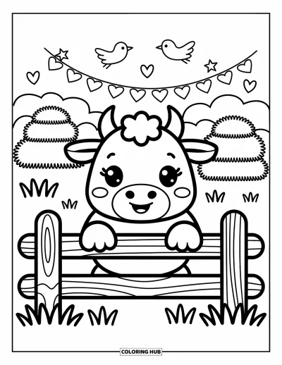 Desenho de touro para colorir para adultos: Um touro fofo espia por cima de uma cerca enquanto passarinhos voam com faixas em formato de coração no céu